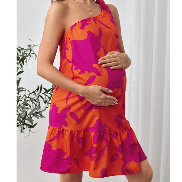 Maternity Vibrant Floral Print One Shoulder Ruffle Hem Mini Dress - Picture 5 of 8